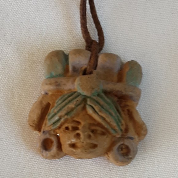 Pottery Aztec Head Bust Necklace Vintage Handcrafted Leather Knotted Cord - Picture 6 of 9